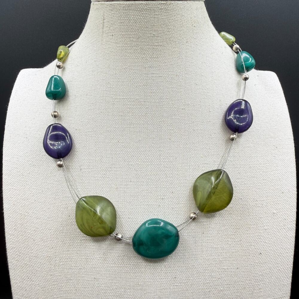 Green Purple Teal Beaded Necklace Chunky Silver Tone Boho Statement Y2K Festival